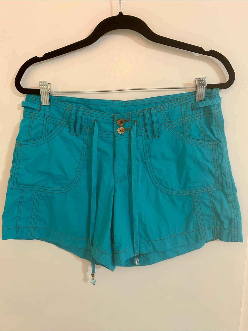 Santiki Turquoise Blue Cotton Contrast Stitch Utility Cargo Casual Shorts Small